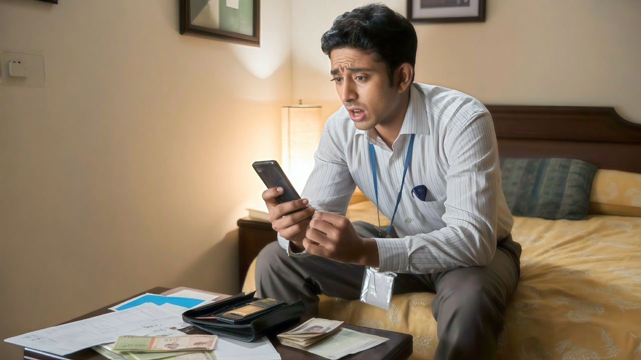 A stressed young man checking his phone while sitting with bills and cash, representing the effects of a Fast Money Mindset on financial stability.