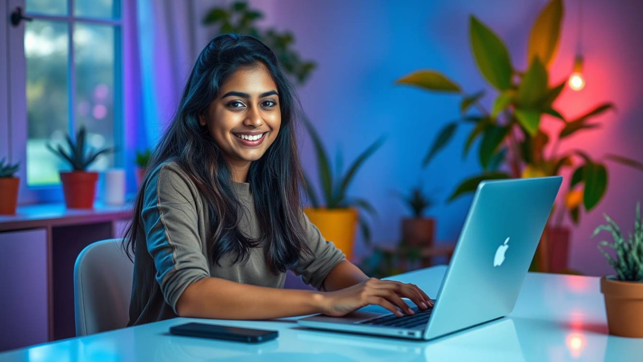 A young Indian student typing on a laptop in a modern workspace, symbolizing how students can start ₹0 में Freelancing from home.