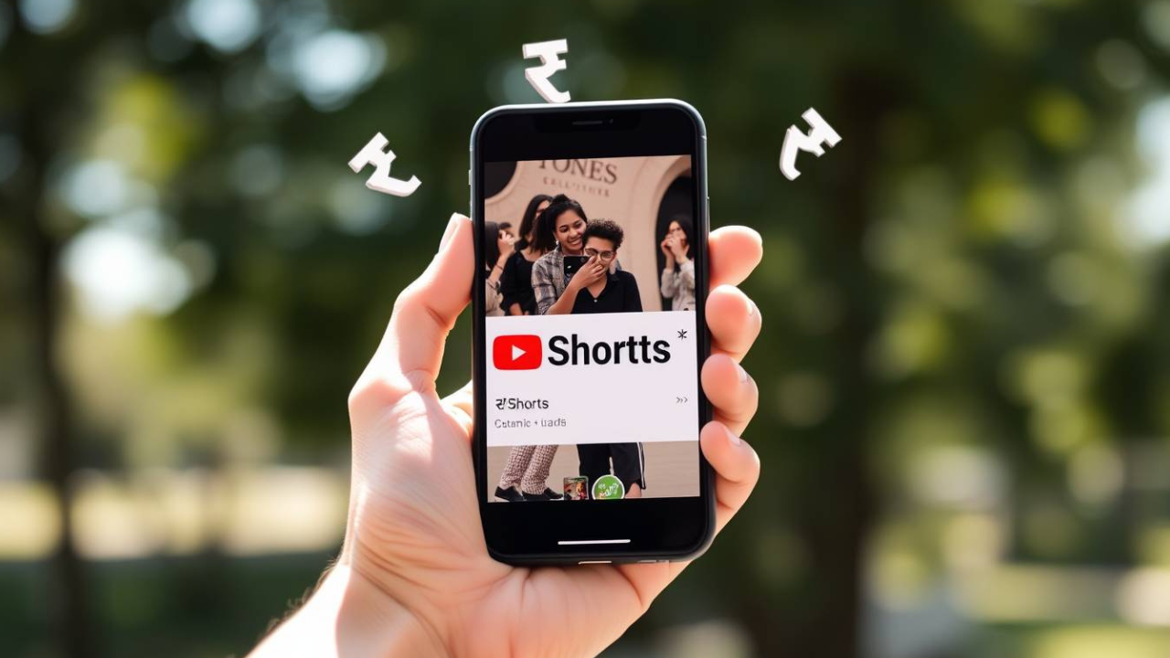 “Smartphone displaying YouTube Shorts in natural light with subtle money icons representing YouTube Shorts Earnings.”