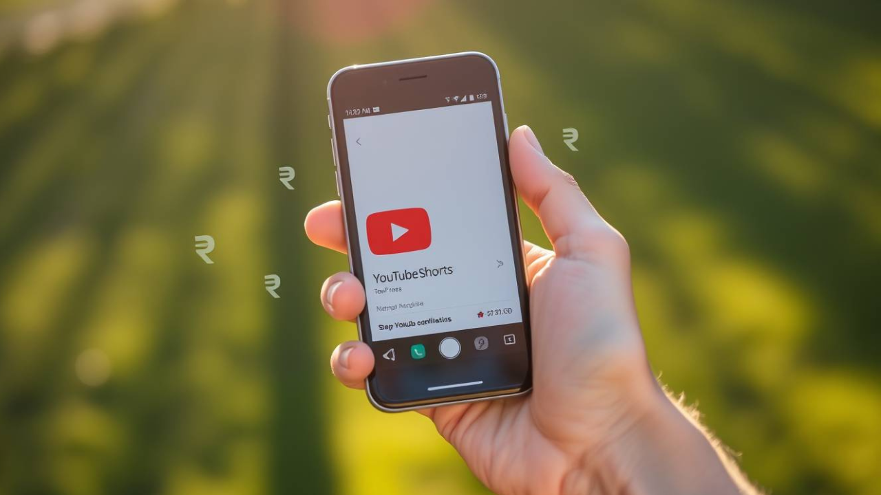 “Hand holding a smartphone showing YouTube Shorts in natural sunlight representing YouTube Shorts Earnings concept.”