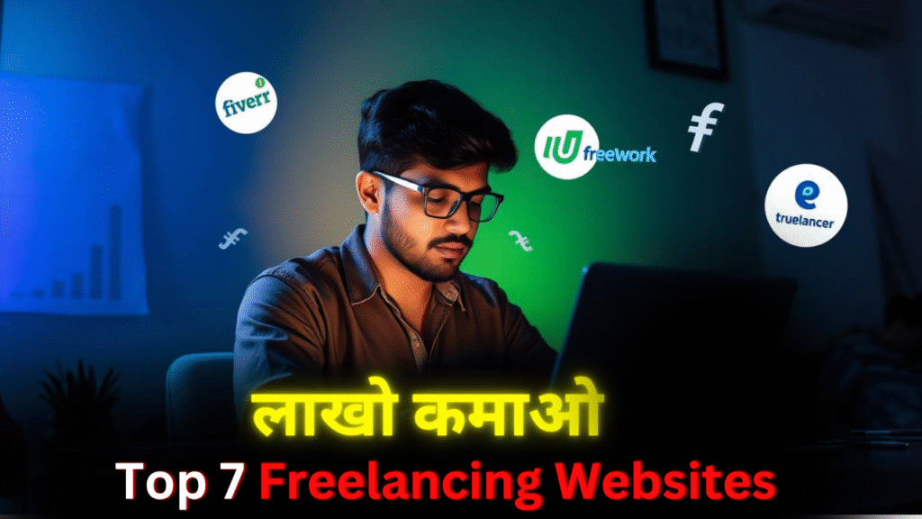 Indian freelancer working on laptop with logos of Fiverr, Upwork, Freelancer etc.