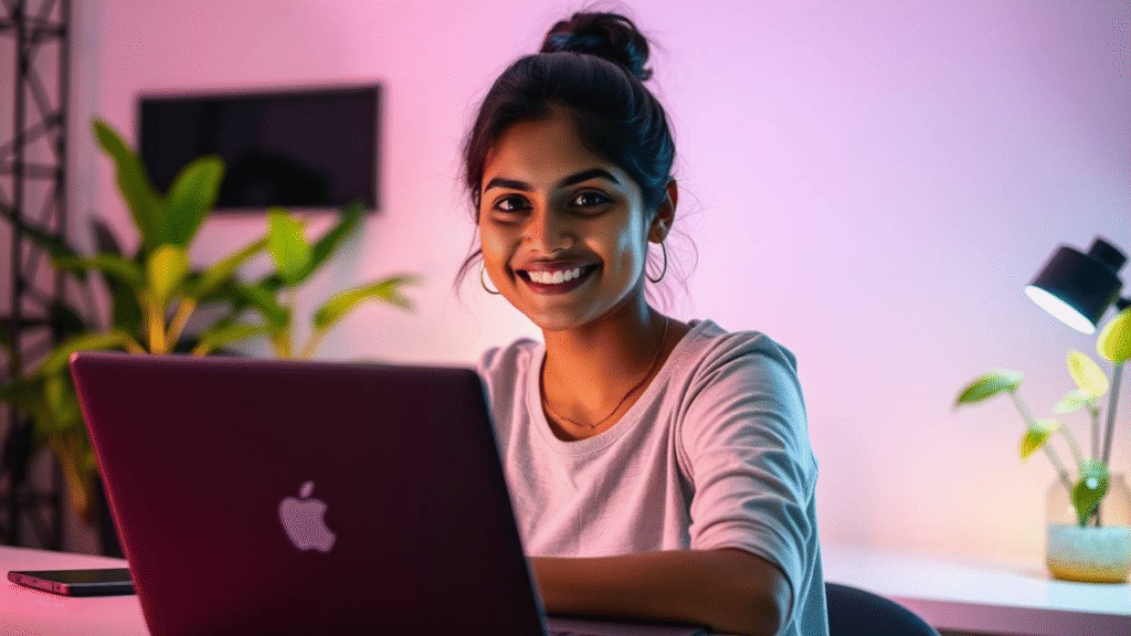 A smiling Indian student working on a laptop at home, representing ₹0 में Freelancing for beginners.