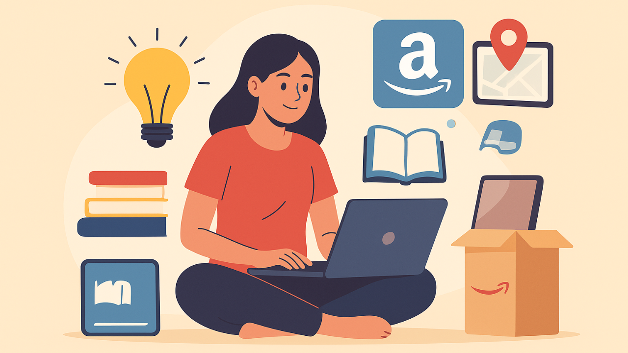Amazon se paise kamaye – ek digital illustration jisme ek student laptop par kaam kar raha hai aur Amazon ke icons jaise Kindle, delivery box, aur books surround kar rahe hain. Soft light pastel background, modern flat design.