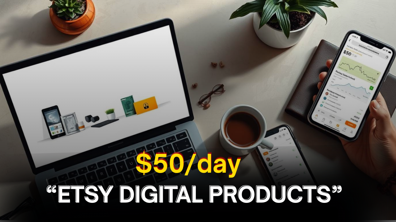 Laptop with digital product mockups, Indian coffee desk setup, and a smartphone showing "Etsy Digital Products" earnings dashboard – representing $50/day income from selling digital products on Etsy.