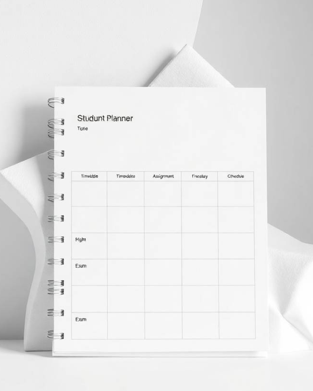 Clean student planner template with timetable, assignments and exam schedule layout in minimal black and white design