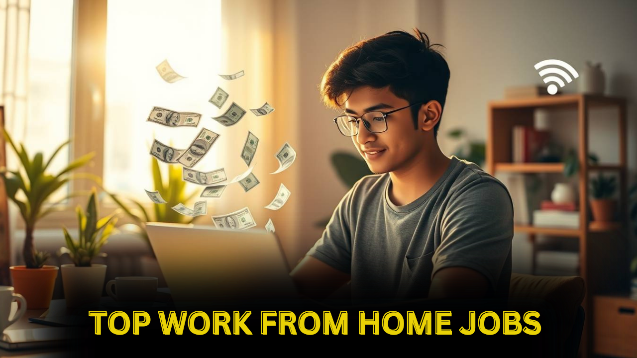 “Young Indian man working on a laptop at home with money floating from the screen, representing genuine work from home jobs in India without investment in 2025.”