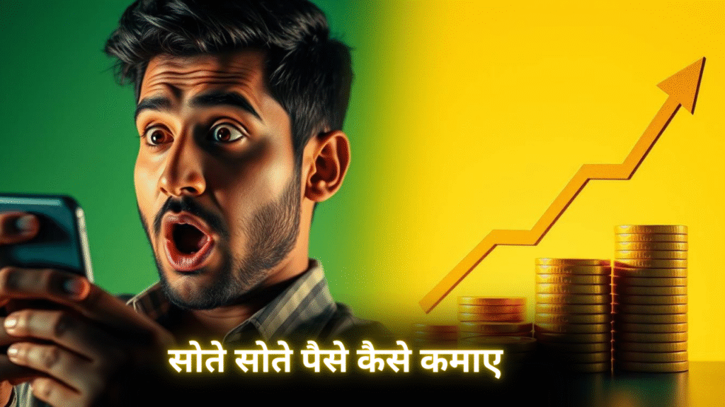 "A young Indian man looking surprised at his smartphone, with a background of gold coin stacks and an upward trending graph, symbolizing passive income and financial growth."