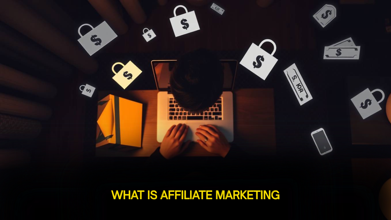 What is Affiliate Marketing? The man showing the laptop and work the affiliate marketing.
