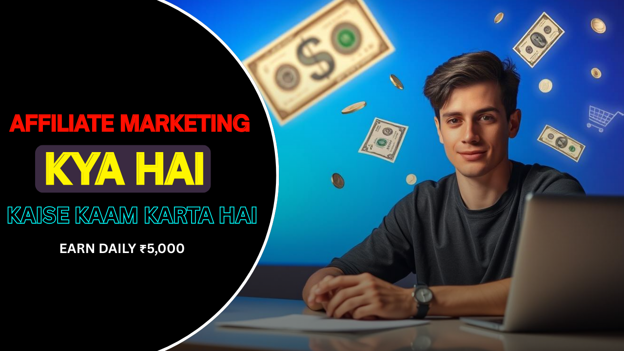Young man sitting with laptop, money and shopping icons floating in background, concept of Affiliate Marketing Kya Hai and how it works.