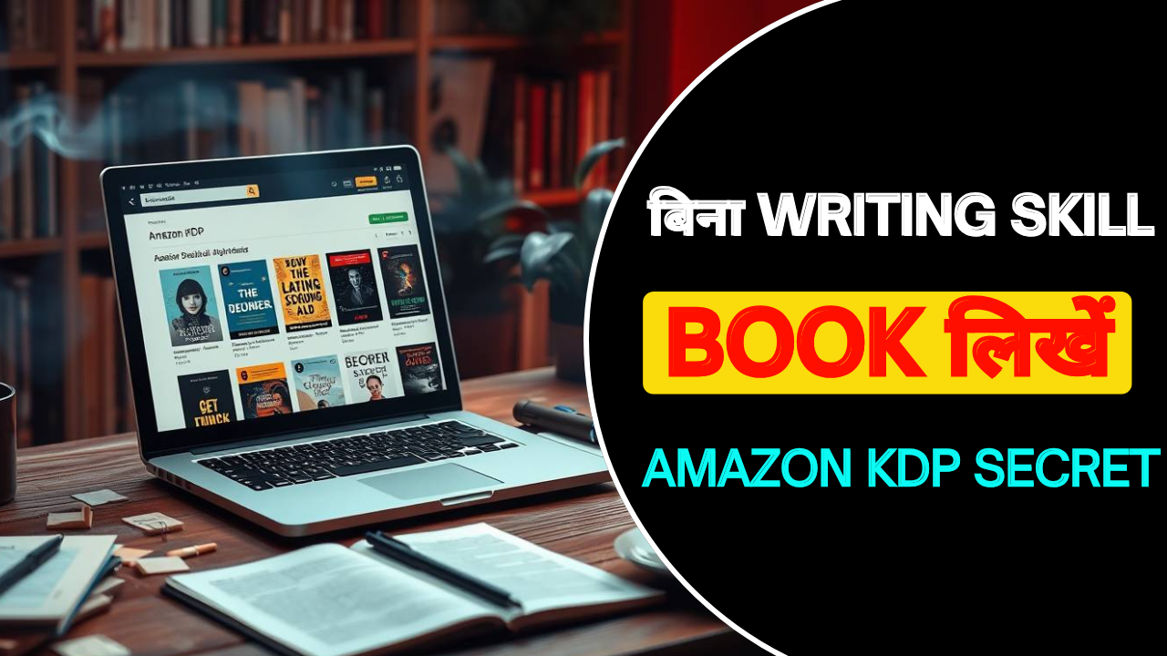 Laptop screen showing Amazon KDP dashboard with books, highlighting how to earn passive Amazon KDP income without writing skills.