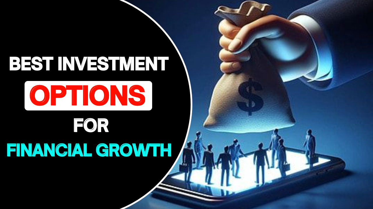 Hand holding a money bag with dollar sign over business people on a smartphone screen, representing best investment option for financial growth.