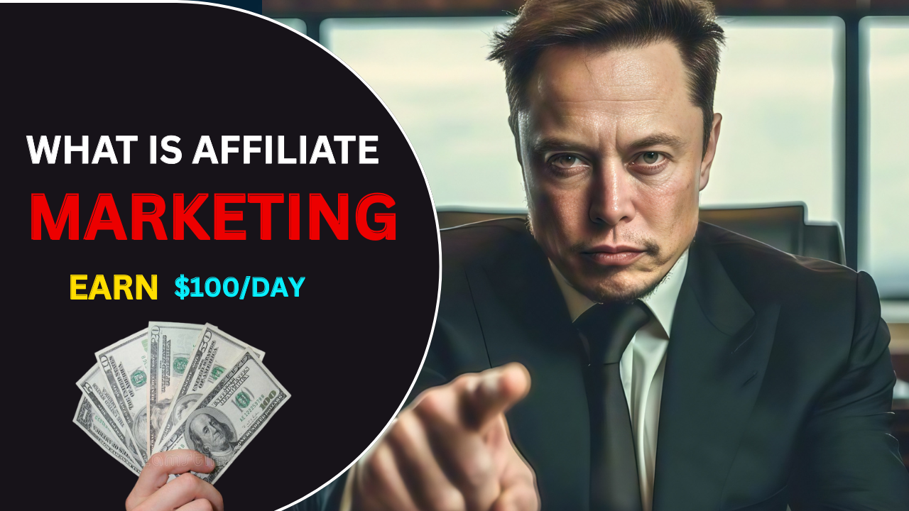 Elon Musk motivational business image with cash in hand and text “What is Affiliate Marketing" – Earn $100/day”, symbolizing online income and passive earnings through affiliate marketing.