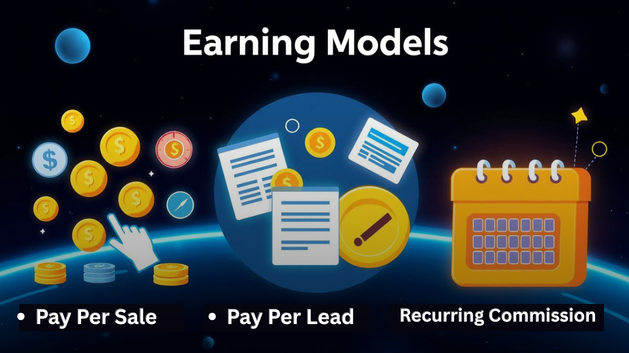 The image showing the earning models in affiliate- pay per sale, pay per lead, recurring commission.