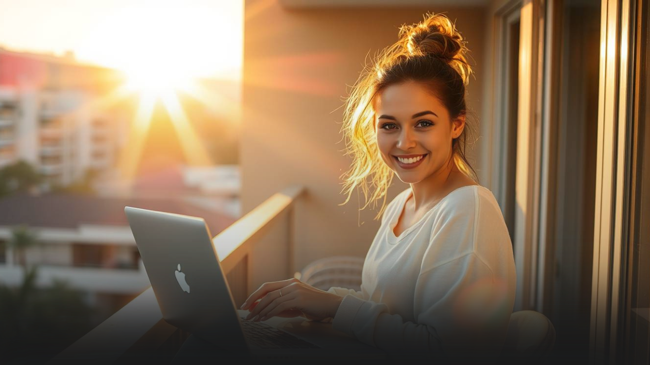 a girl showing the laptop and works as a affiliate marketer anywhere. and showing the flexible working hours .