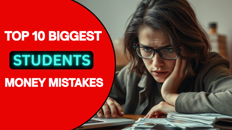 A stressed student sitting at a desk with bills and coins, representing students money mistakes in college life.