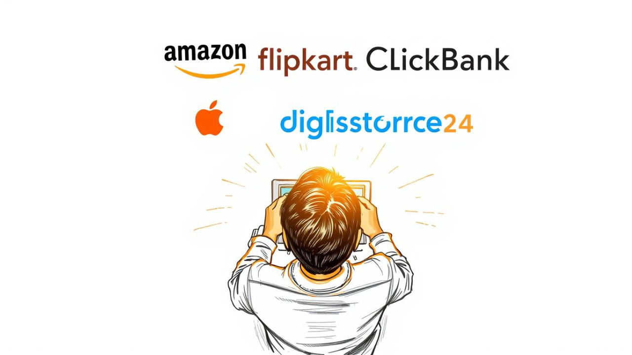 Multiple Income Sources , a boy showing the multiple income sources like amazon,flipkart, clickbank, digistore24 etc.