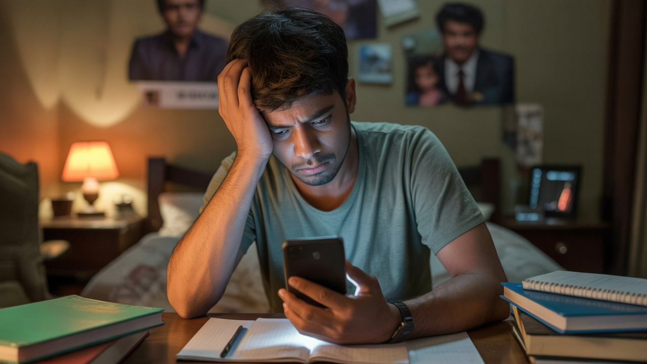 stressed indian student using phone at night students money mistakes financial stress