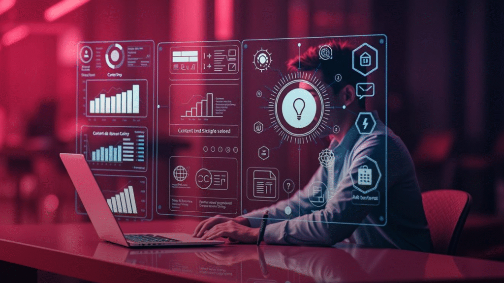 “Person using AI Fiesta with holographic AI interface showing charts, content ideas, and digital icons”