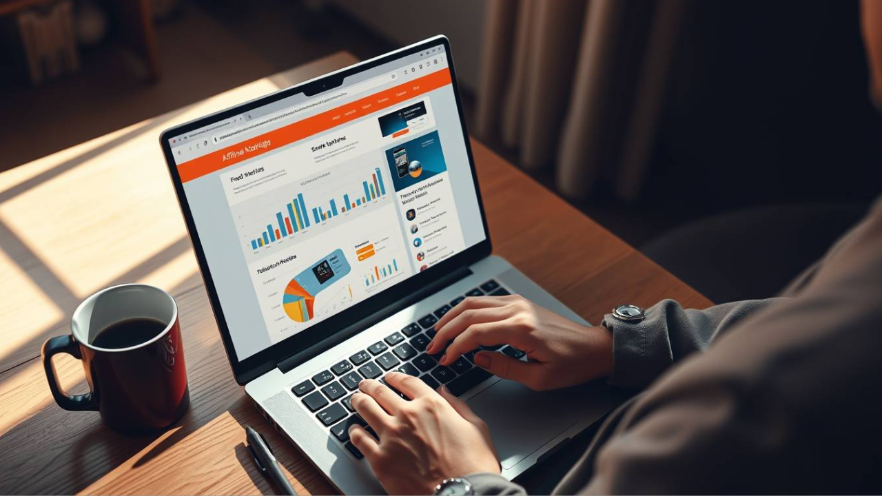 “Social media manager preparing posts and analyzing charts and graphics on laptop and smartphone”