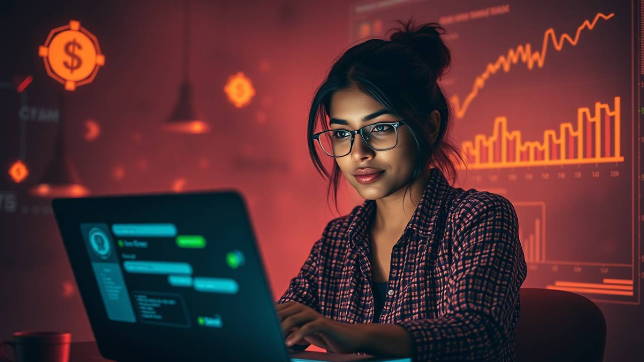 “Young Indian freelancer using ChatGPT for online income in 2025 with AI and money icons in background.”