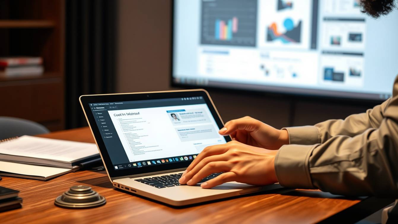 “Teacher creating online course materials with laptop, worksheets, and presentation slides on desk”