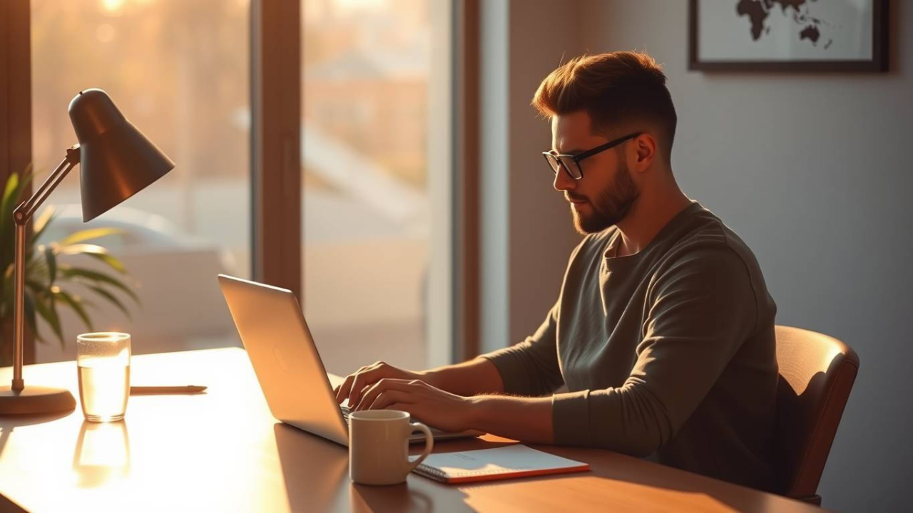 “Freelancer writing blogs and articles at a desk using laptop, coffee cup and notepad nearby”