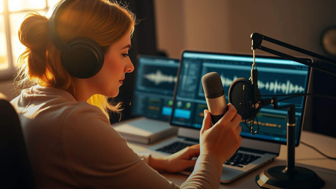 “Podcast editor cleaning audio and publishing episodes from home”