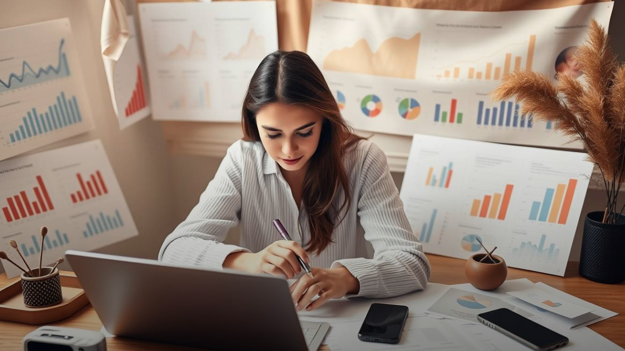 “Social media manager preparing posts and analyzing charts and graphics on laptop and smartphone”