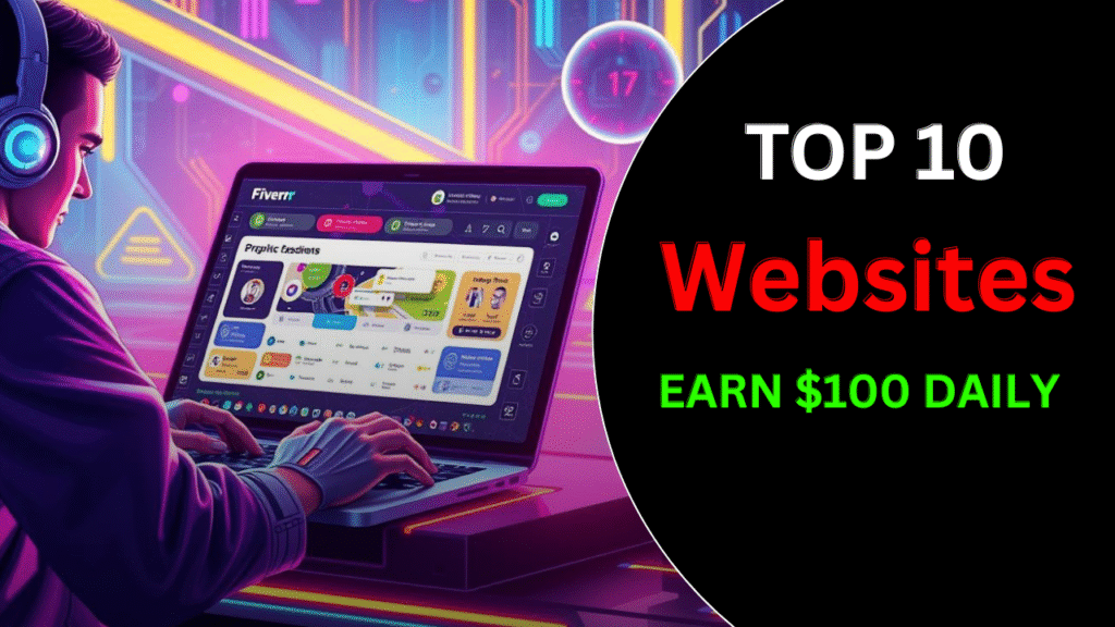 "Top 10 websites to earn $100 daily shown with a futuristic laptop and Fiverr dashboard on screen."
