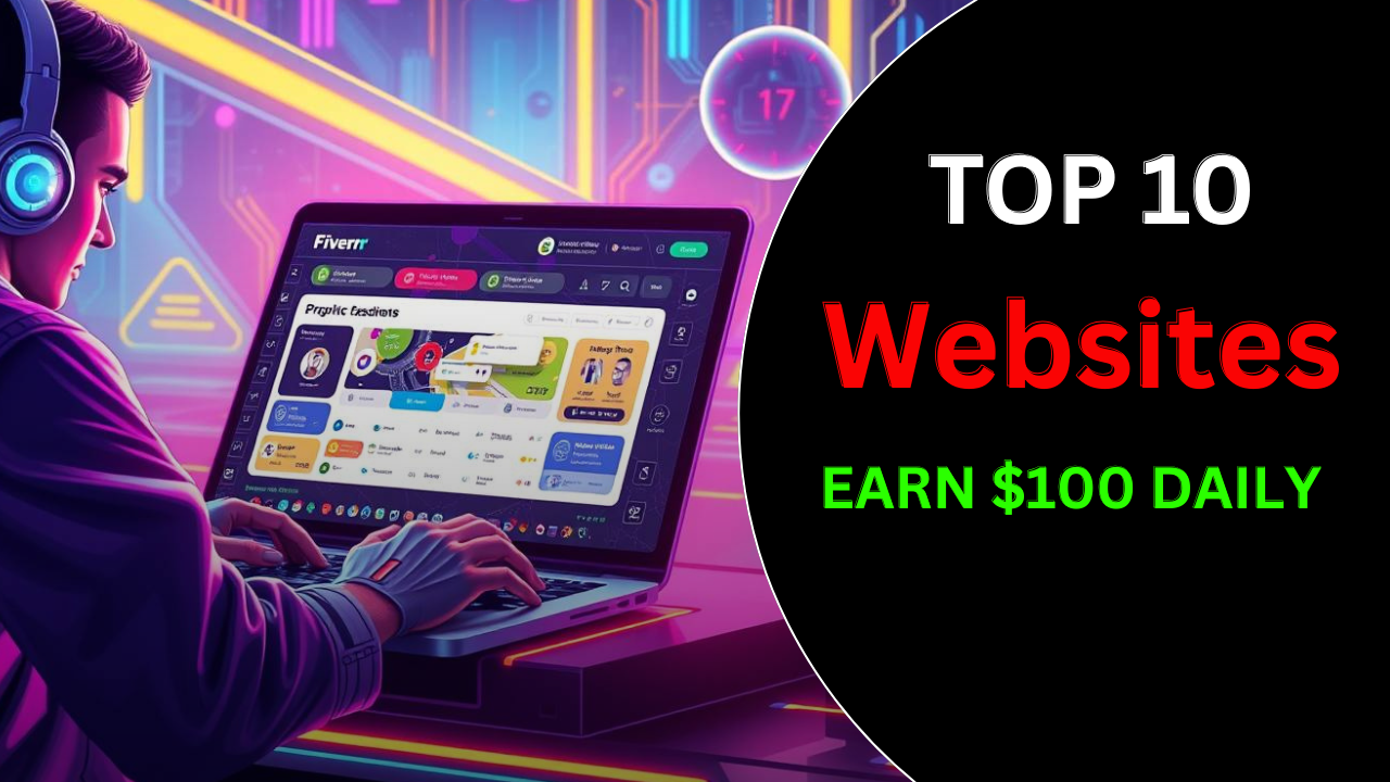 "Top 10 websites to earn $100 daily shown with a futuristic laptop and Fiverr dashboard on screen."
