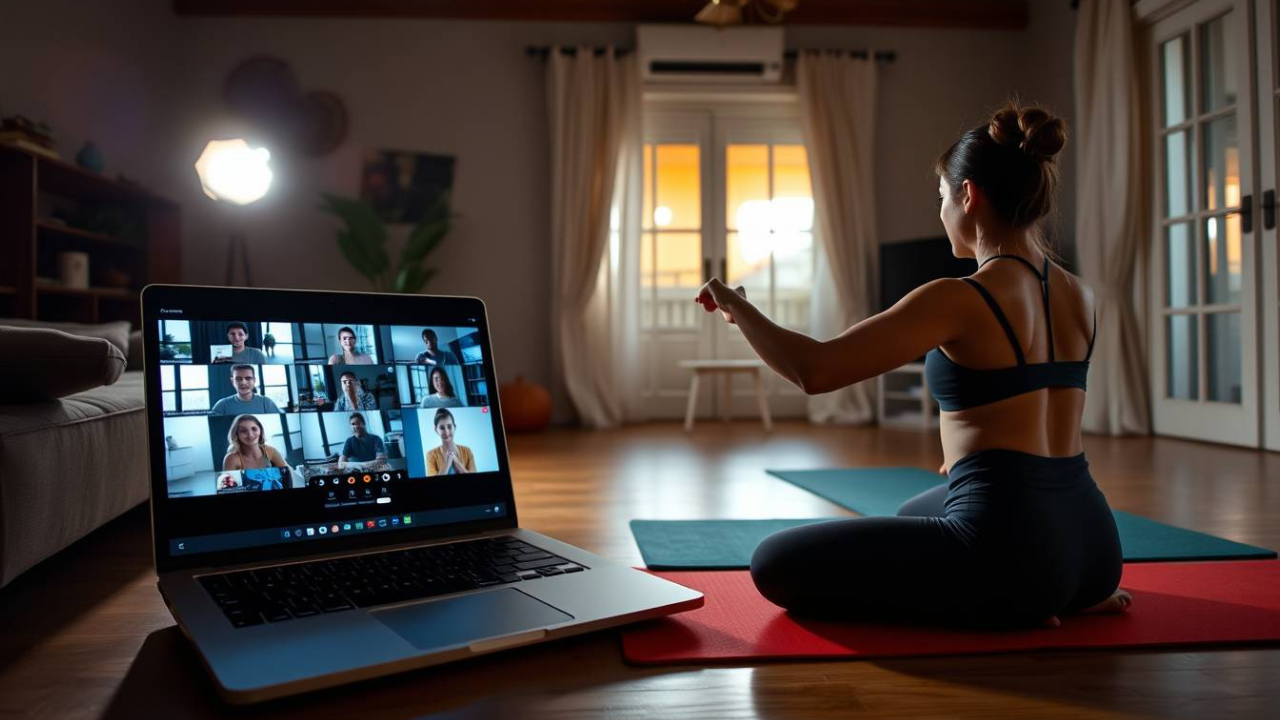 “Fitness coach conducting online yoga and wellness sessions from home”