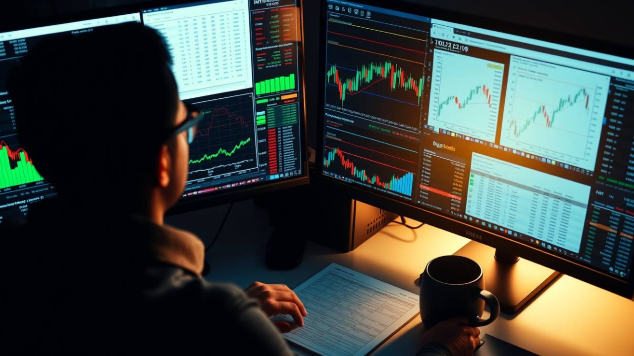 “Researching stock and crypto trends remotely from home”