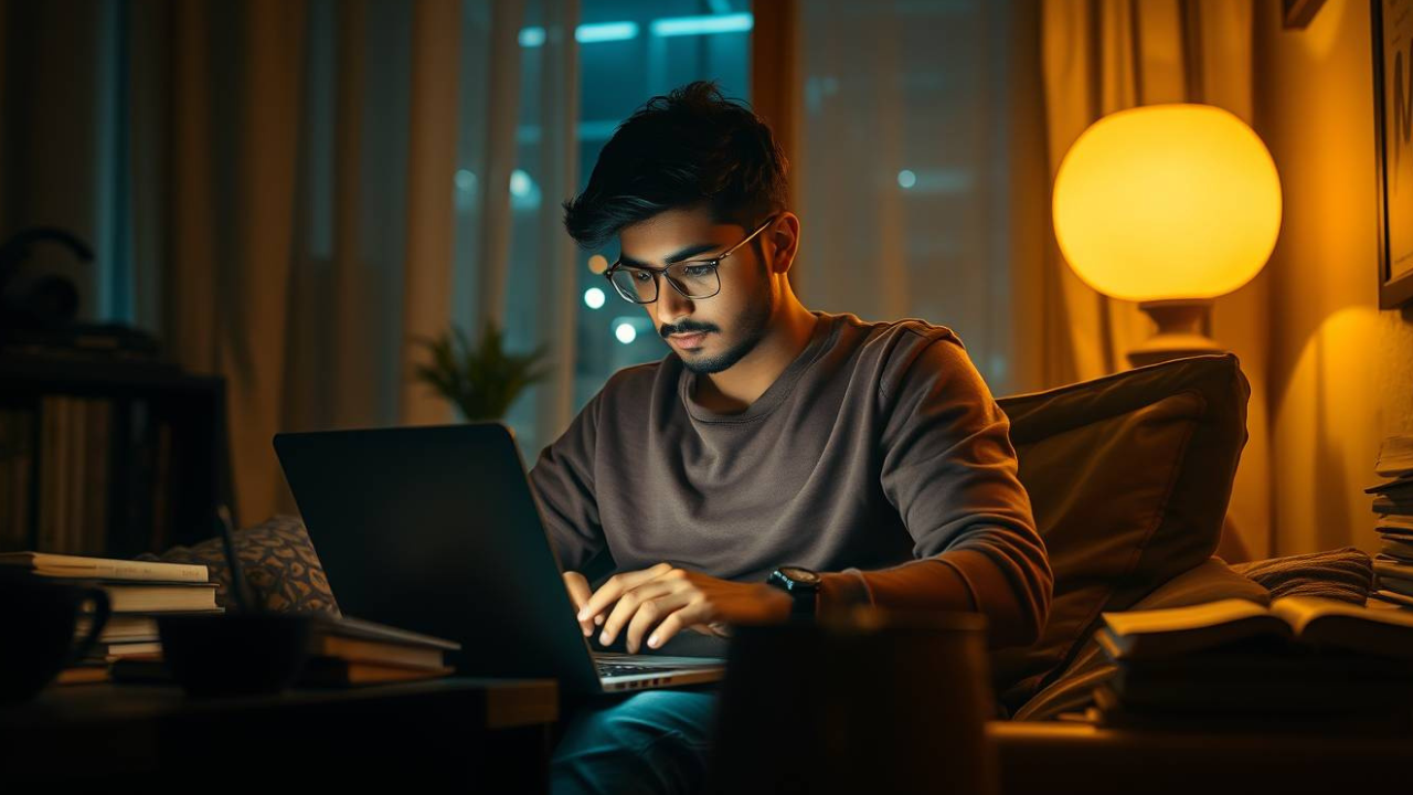 Content writer typing on laptop in a peaceful workspace — global online money-making through writing.