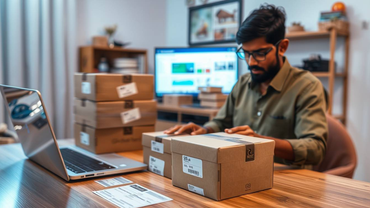 Online entrepreneur managing dropshipping orders — global e-commerce income model.