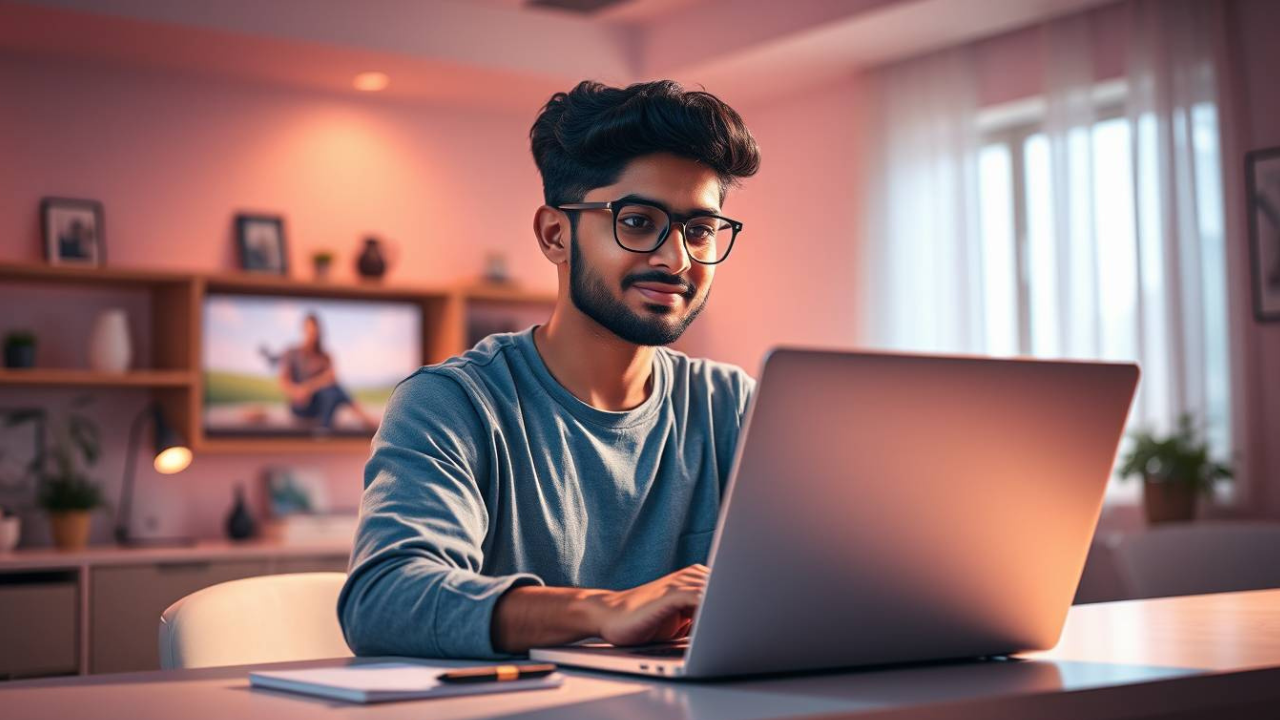 अनलाइन पैसे कमाना सीखता हुआ एक भारतीय फ्रीलांसर लैपटॉप पर काम करते हुए – freelancing से ऑनलाइन कमाई का वास्तविक दृश्य।