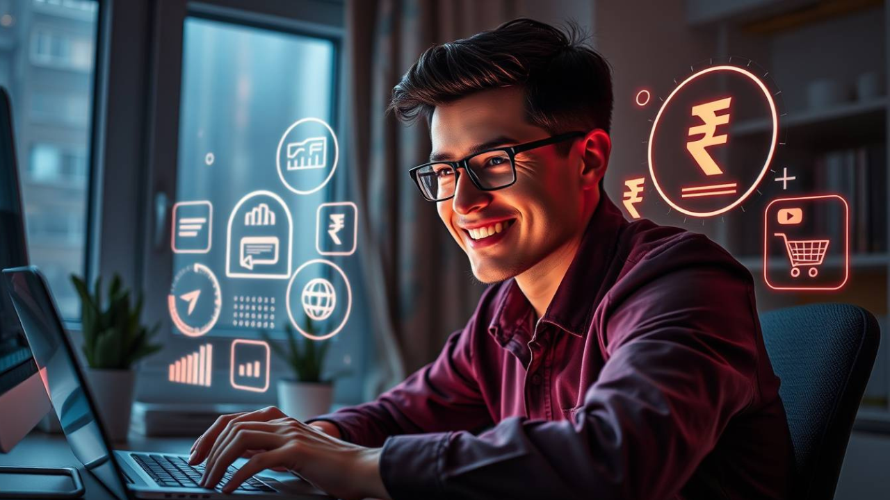 Young digital worker using a laptop with glowing online earning icons and graphs representing global online money-making opportunities.