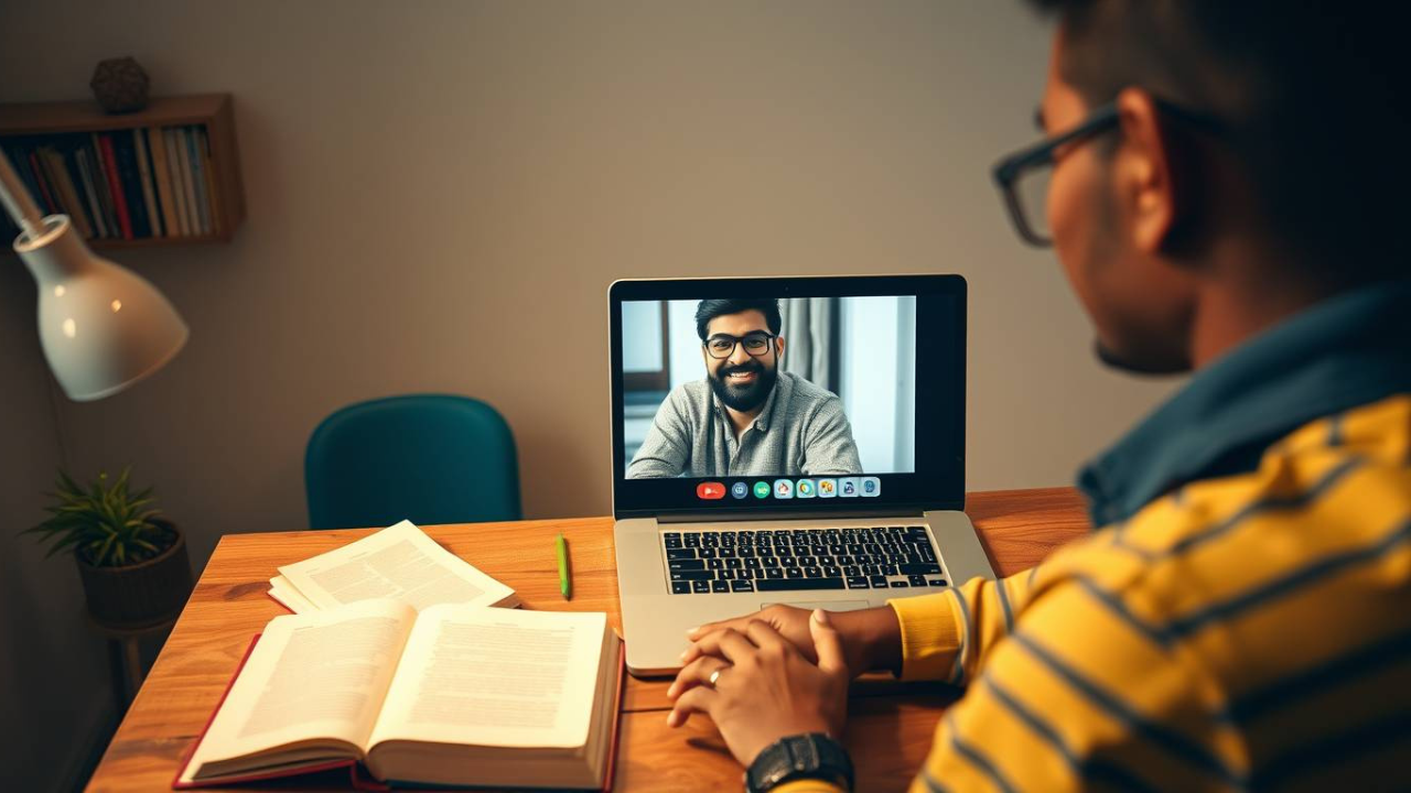 ऑनलाइन ट्यूशन देकर ऑनलाइन पैसे कमाना सीखता भारतीय शिक्षक — घर से पढ़ाने का असली दृश्य।