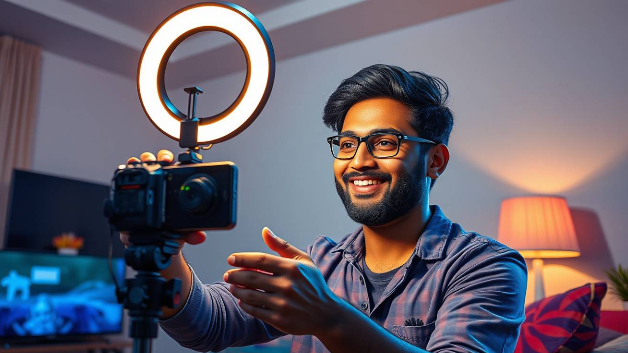 YouTube videos bana kar online paise kamana shuru karta Indian creator – real filming setup.