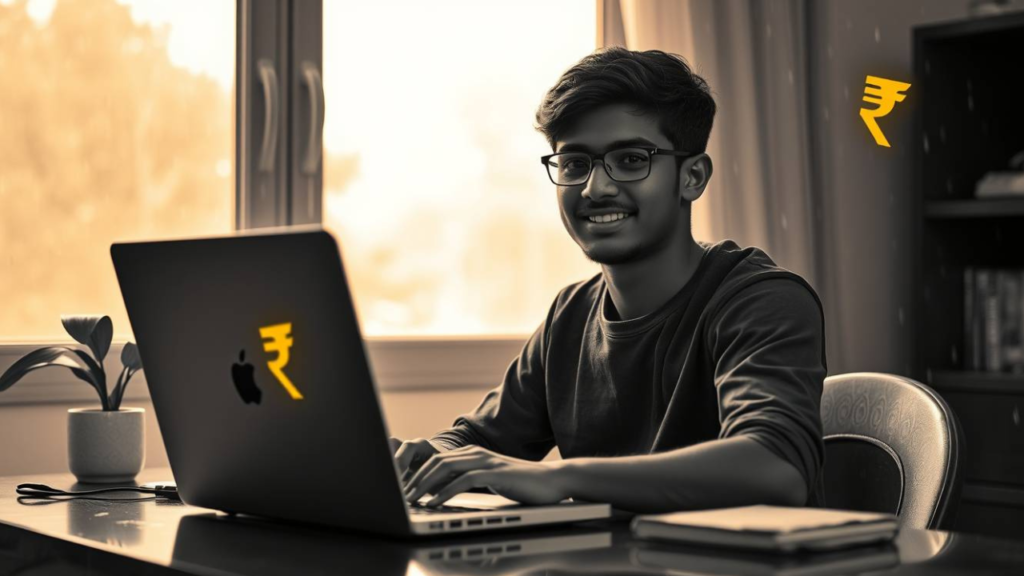 “2026 me online paise kamana seekhta hua Indian youth laptop par kaam karte hue – realistic online earning thumbnail.”