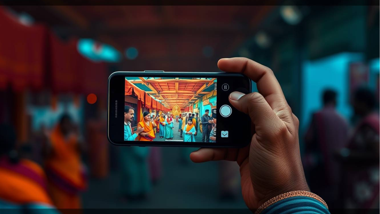 मोबाइल से फोटो खींचकर ऑनलाइन बेचता हुआ फोटोग्राफर