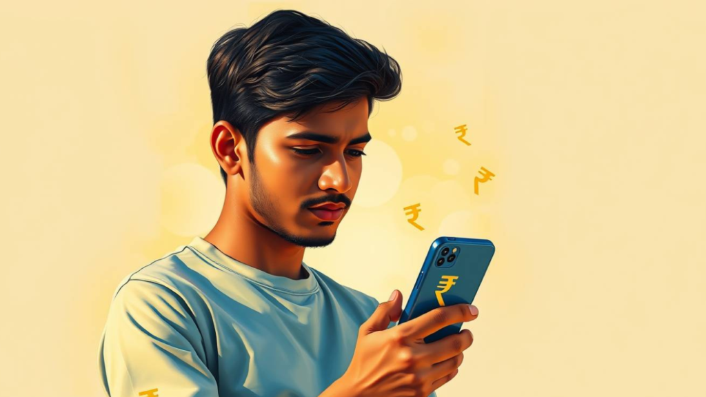 मोबाइल से पैसे कमाने की प्रक्रिया दिखाती प्राकृतिक रोशनी में फोन पकड़े हुए व्यक्ति की छवि