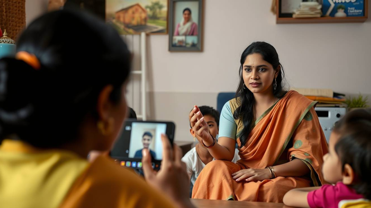 मोबाइल से बच्चों को ऑनलाइन पढ़ाती हुई भारतीय महिला "मोबाइल से पैसे कमाएँ"