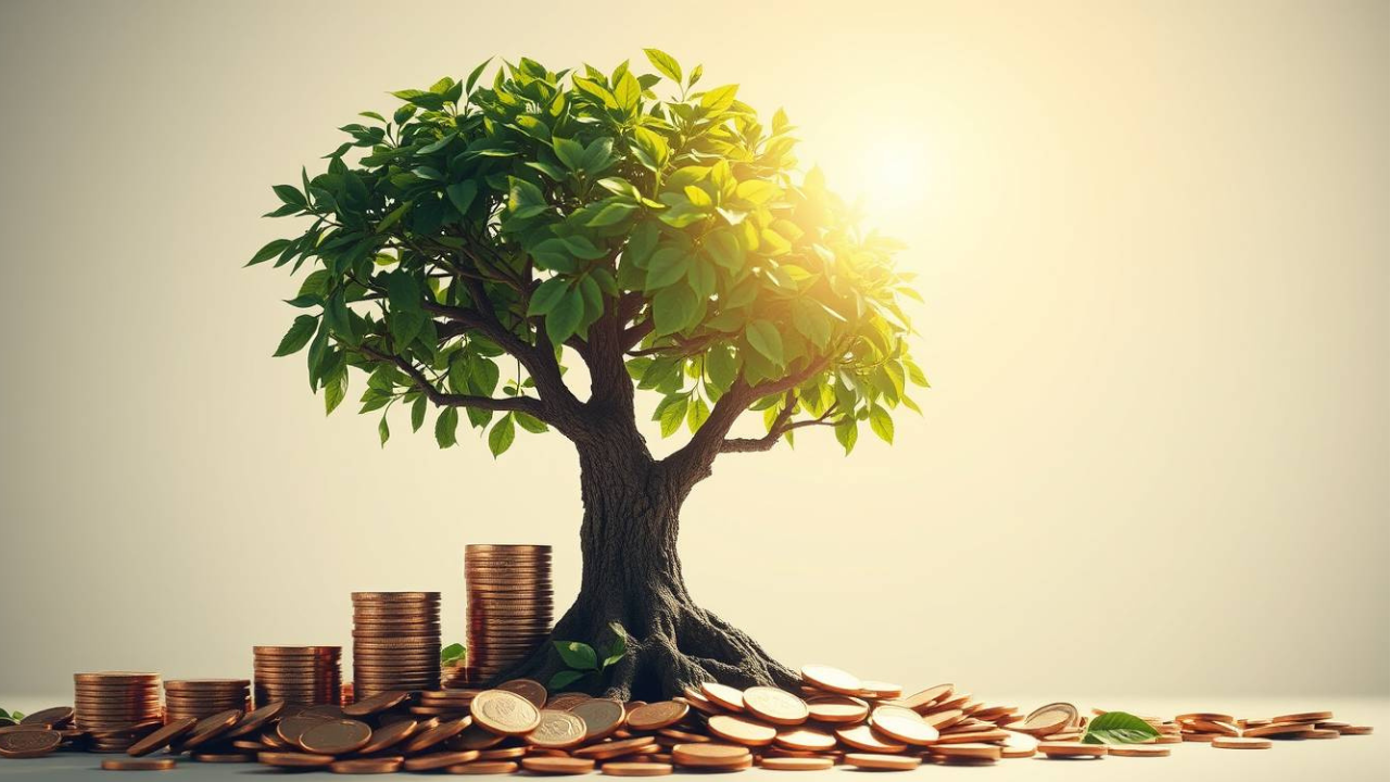 compounding effect showing money growth over time in investments like trees.