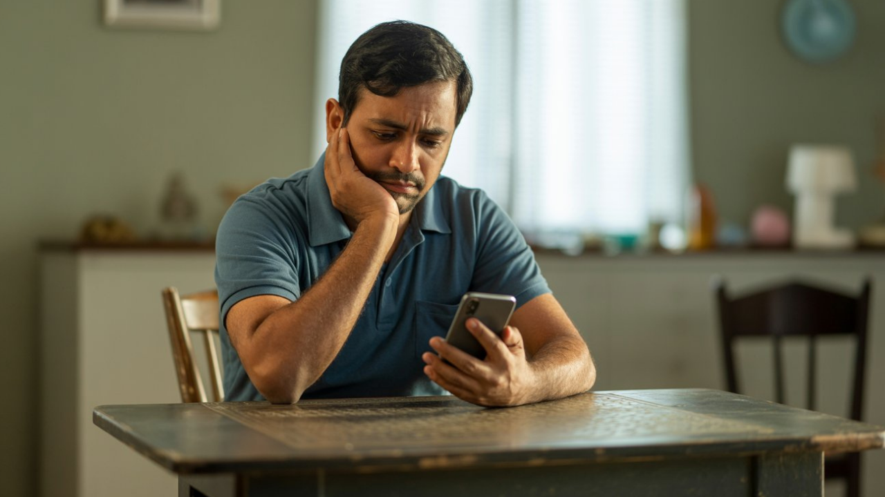 financial mistakes saving money concept showing worried man checking bank balance on phone at home