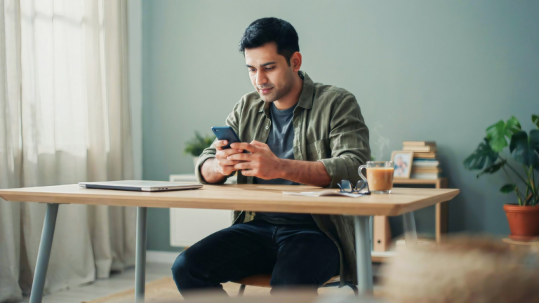 Young man checking finances on smartphone while learning ₹30000 salary me savings kaise kare with a simple monthly saving plan