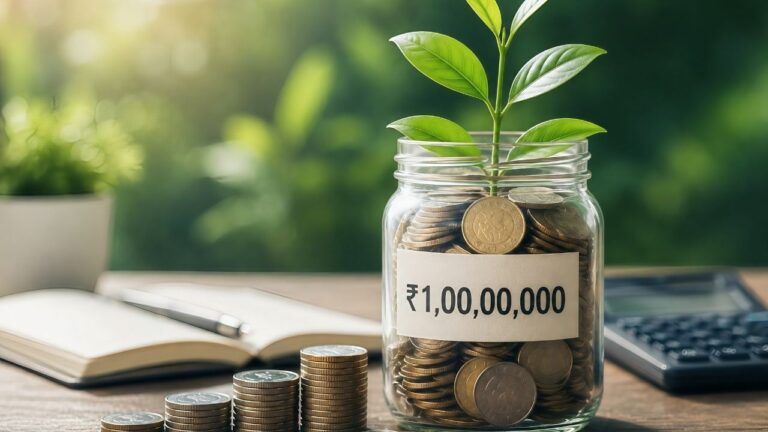 ₹1 करोड़ बनाने के लिए हर महीने कितना Invest करना पड़ेगा - Money growing plant in a glass jar with 1 crore label